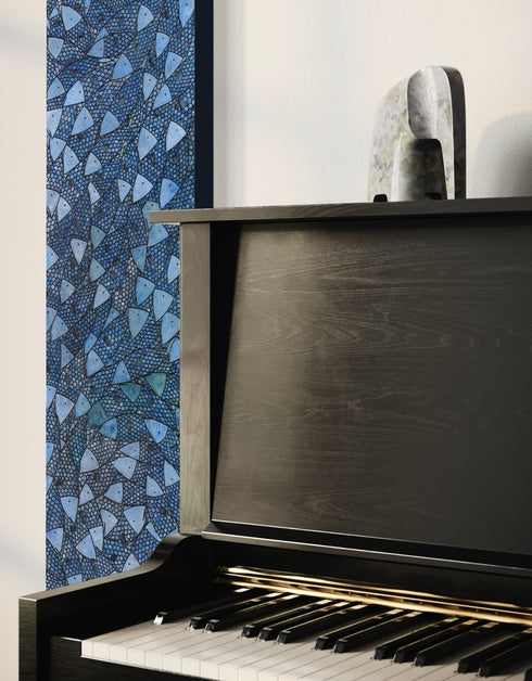 12"x48" painting with cobalt blues, seafoam greens, and golds, featuring detailed sardines over an abstract base with shimmering effect.