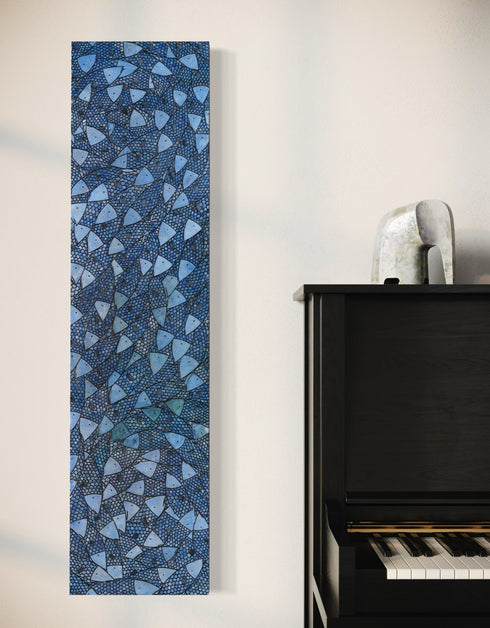 12"x48" painting with cobalt blues, seafoam greens, and golds, featuring detailed sardines over an abstract base with shimmering effect.