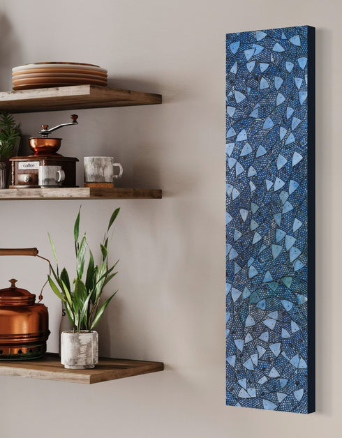 12"x48" painting with cobalt blues, seafoam greens, and golds, featuring detailed sardines over an abstract base with shimmering effect.