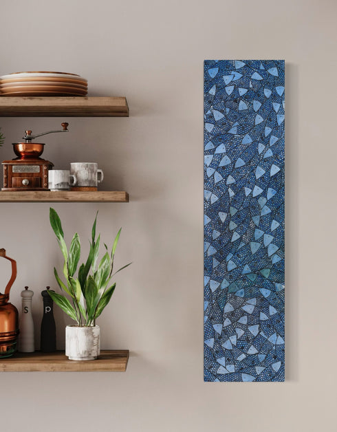12"x48" painting with cobalt blues, seafoam greens, and golds, featuring detailed sardines over an abstract base with shimmering effect.