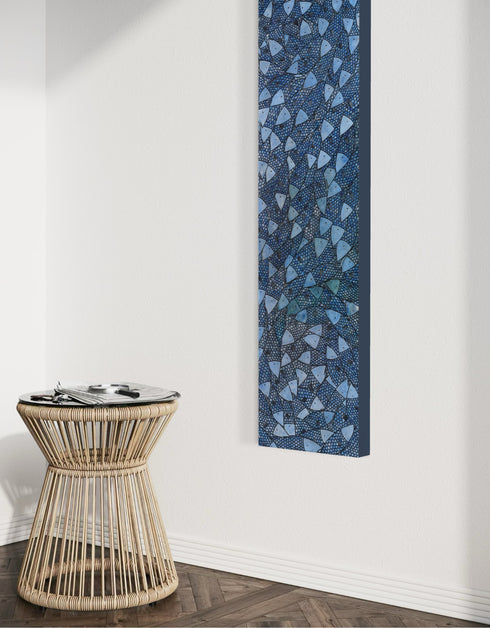 12"x48" painting with cobalt blues, seafoam greens, and golds, featuring detailed sardines over an abstract base with shimmering effect.