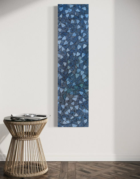 12"x48" painting with cobalt blues, seafoam greens, and golds, featuring detailed sardines over an abstract base with shimmering effect.