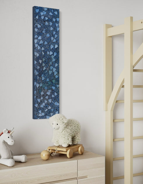 12"x48" painting with cobalt blues, seafoam greens, and golds, featuring detailed sardines over an abstract base with shimmering effect.