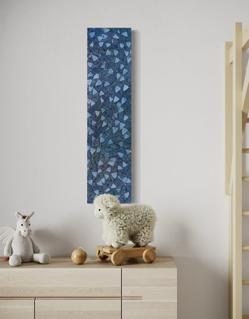 12"x48" painting with cobalt blues, seafoam greens, and golds, featuring detailed sardines over an abstract base with shimmering effect.