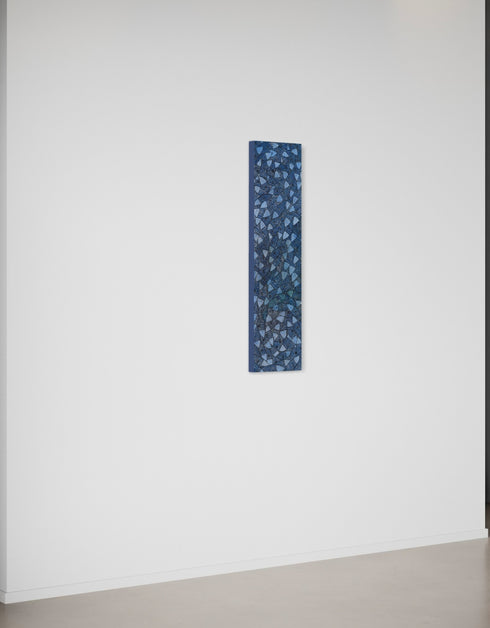 12"x48" painting with cobalt blues, seafoam greens, and golds, featuring detailed sardines over an abstract base with shimmering effect.