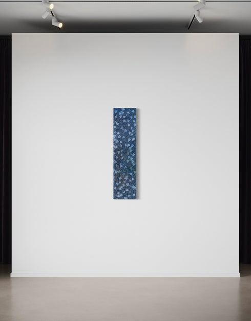 12"x48" painting with cobalt blues, seafoam greens, and golds, featuring detailed sardines over an abstract base with shimmering effect.