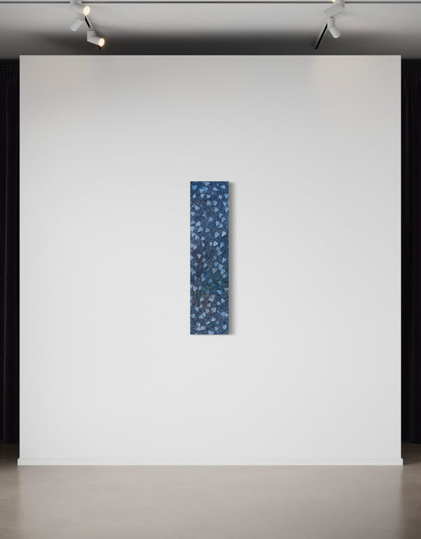 12"x48" painting with cobalt blues, seafoam greens, and golds, featuring detailed sardines over an abstract base with shimmering effect.