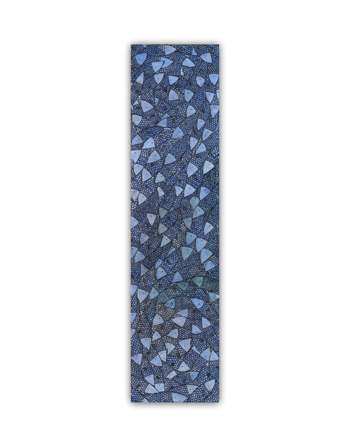 12"x48" painting with cobalt blues, seafoam greens, and golds, featuring detailed sardines over an abstract base with shimmering effect.