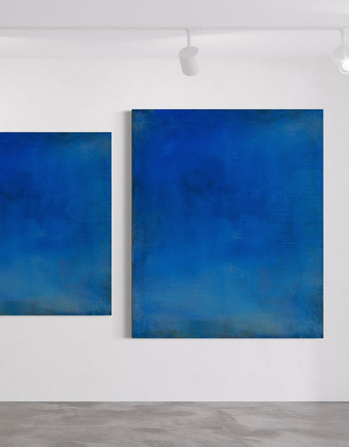 Abstract painting with opulent royal blue and gold tones, featuring an abstracted gilded silhouette, evoking Old World majesty and modern abstraction.