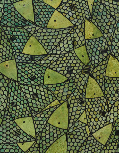 Green Gold Sardines is a Giclee on Canvas Print by Seth B. Minkin, with bold lime green and gold hues, highlighting sardines' dynamic colors and playful composition.