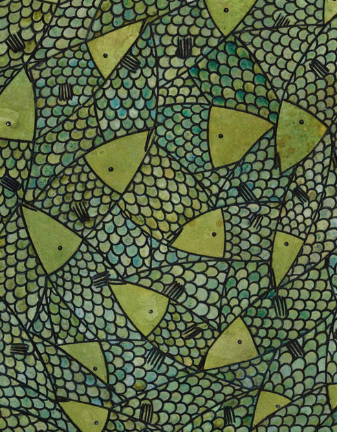 Green Gold Sardines is a Limited Edition Print by Seth B. Minkin, with bold lime green and gold hues, highlighting sardines' dynamic colors and playful composition.