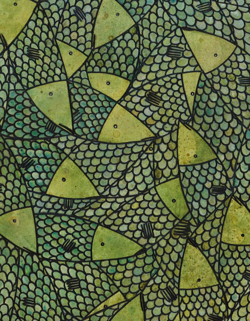 Green Gold Sardines is a Limited Edition Print by Seth B. Minkin, with bold lime green and gold hues, highlighting sardines' dynamic colors and playful composition.