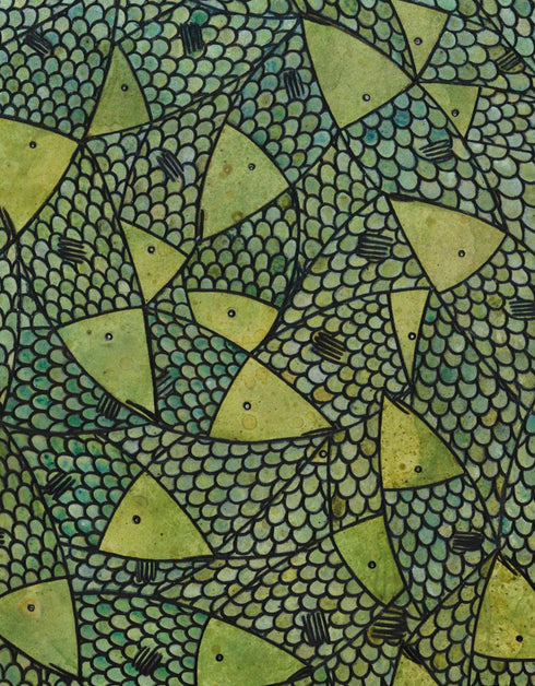 Green Gold Sardines is a Limited Edition Print by Seth B. Minkin, with bold lime green and gold hues, highlighting sardines' dynamic colors and playful composition.