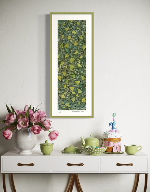 Green Gold Sardines is a Limited Edition Print by Seth B. Minkin, with bold lime green and gold hues, highlighting sardines' dynamic colors and playful composition.