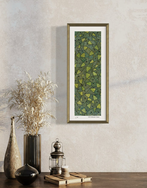 Green Gold Sardines is a Limited Edition Print by Seth B. Minkin, with bold lime green and gold hues, highlighting sardines' dynamic colors and playful composition.