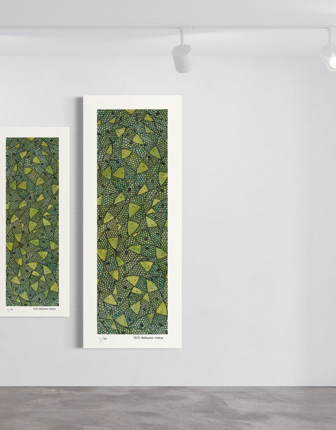 Green Gold Sardines is a Limited Edition Print by Seth B. Minkin, with bold lime green and gold hues, highlighting sardines' dynamic colors and playful composition.