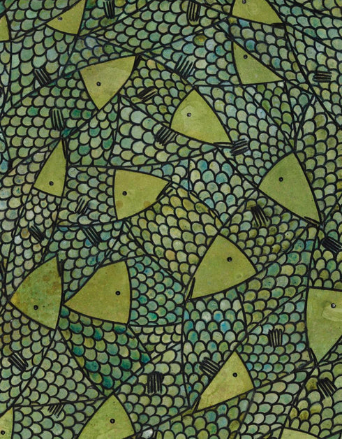 12"x36" painting with vibrant lime green and gold hues, featuring playful sardines and dynamic contrasts in color.