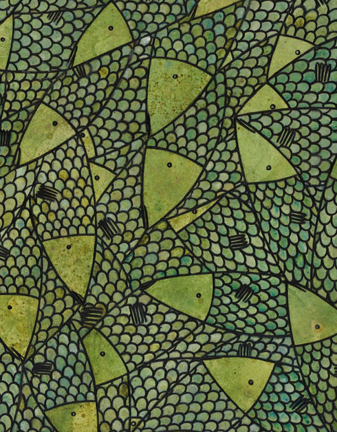 12"x36" painting with vibrant lime green and gold hues, featuring playful sardines and dynamic contrasts in color.