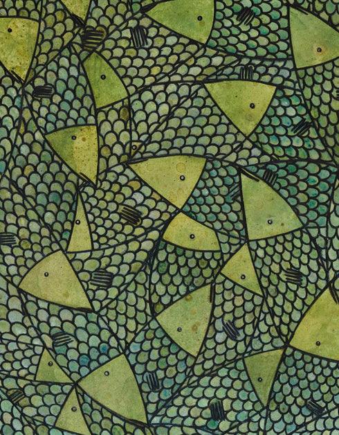 12"x36" painting with vibrant lime green and gold hues, featuring playful sardines and dynamic contrasts in color.