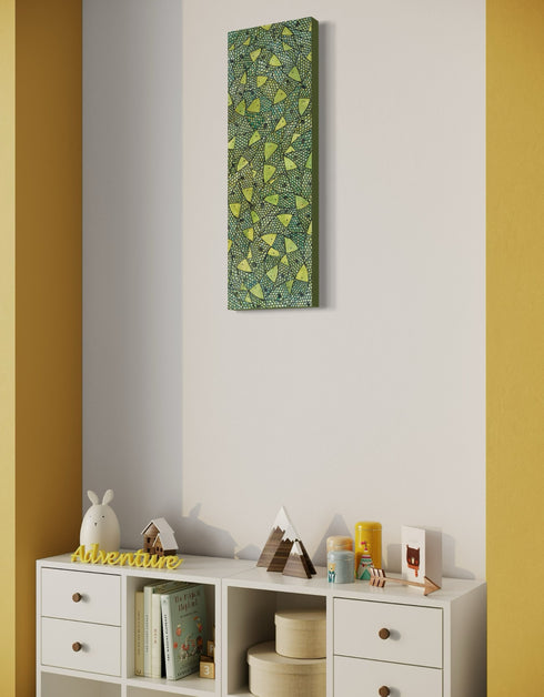 12"x36" painting with vibrant lime green and gold hues, featuring playful sardines and dynamic contrasts in color.
