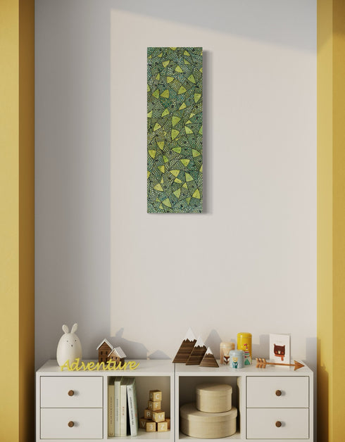 12"x36" painting with vibrant lime green and gold hues, featuring playful sardines and dynamic contrasts in color.