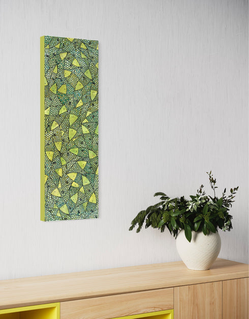 12"x36" painting with vibrant lime green and gold hues, featuring playful sardines and dynamic contrasts in color.