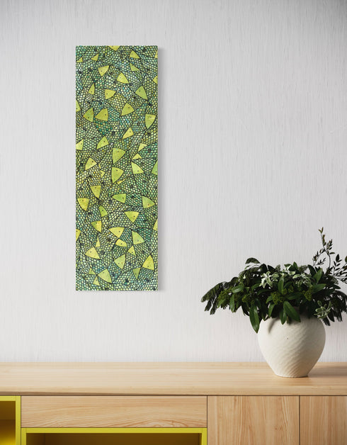 12"x36" painting with vibrant lime green and gold hues, featuring playful sardines and dynamic contrasts in color.