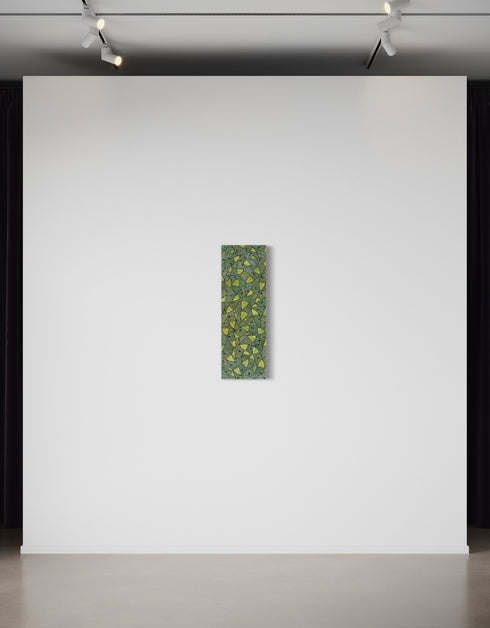 12"x36" painting with vibrant lime green and gold hues, featuring playful sardines and dynamic contrasts in color.