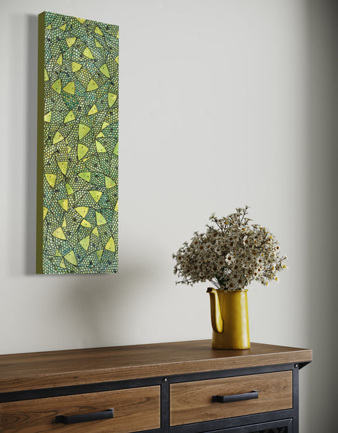 12"x36" painting with vibrant lime green and gold hues, featuring playful sardines and dynamic contrasts in color.