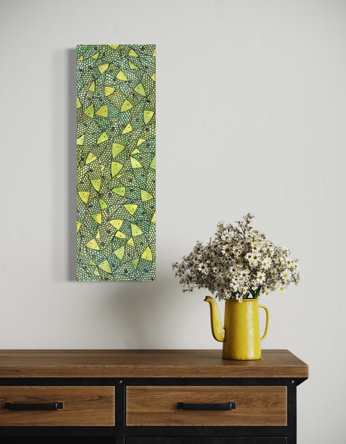 12"x36" painting with vibrant lime green and gold hues, featuring playful sardines and dynamic contrasts in color.