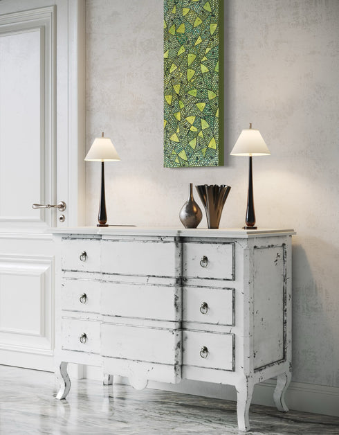 12"x36" painting with vibrant lime green and gold hues, featuring playful sardines and dynamic contrasts in color.