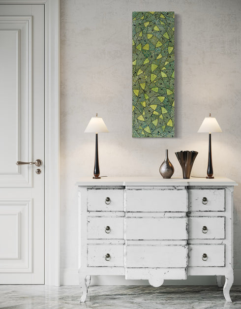 12"x36" painting with vibrant lime green and gold hues, featuring playful sardines and dynamic contrasts in color.