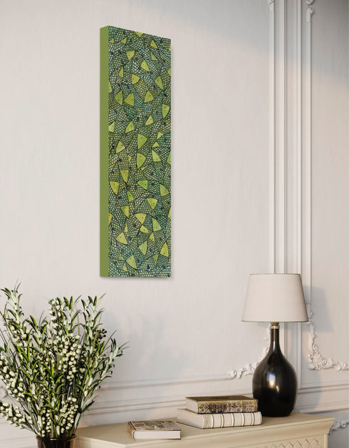 12"x36" painting with vibrant lime green and gold hues, featuring playful sardines and dynamic contrasts in color.