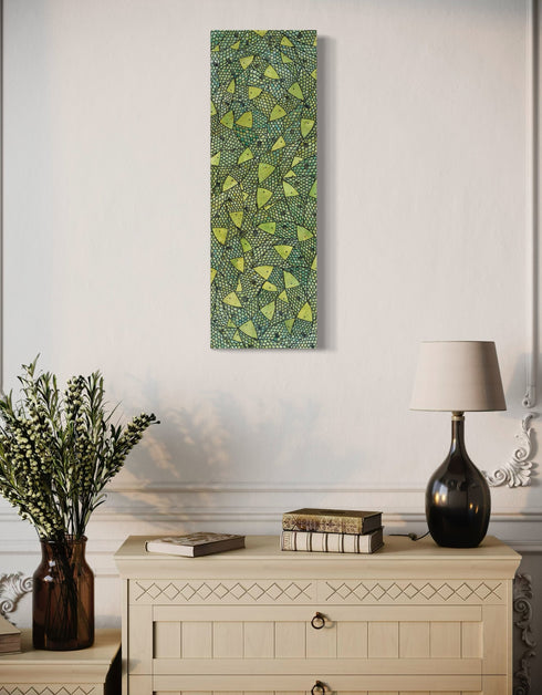 12"x36" painting with vibrant lime green and gold hues, featuring playful sardines and dynamic contrasts in color.