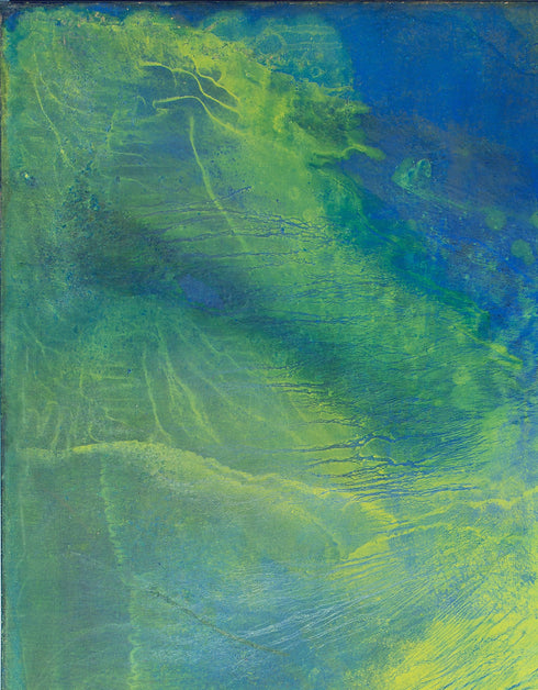 Painting with blue-green hues and bright yellow accents, inspired by the 1970s Big Wheel, evoking childhood joy and adventure.