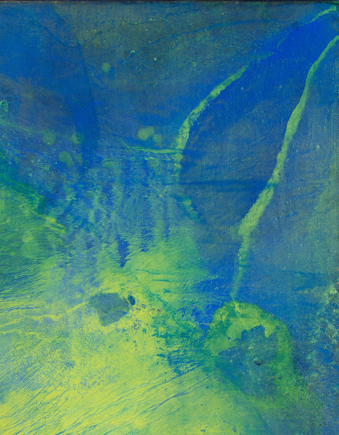 Painting with blue-green hues and bright yellow accents, inspired by the 1970s Big Wheel, evoking childhood joy and adventure.