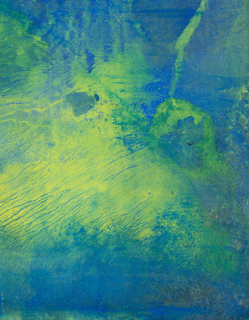 Painting with blue-green hues and bright yellow accents, inspired by the 1970s Big Wheel, evoking childhood joy and adventure.