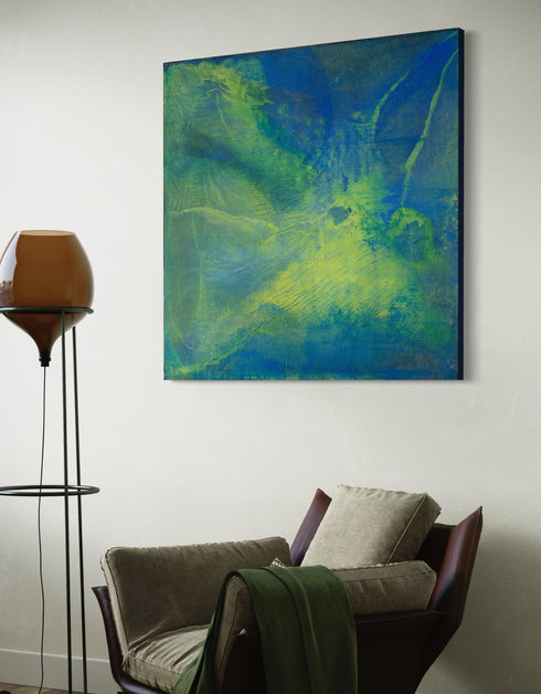 Painting with blue-green hues and bright yellow accents, inspired by the 1970s Big Wheel, evoking childhood joy and adventure.