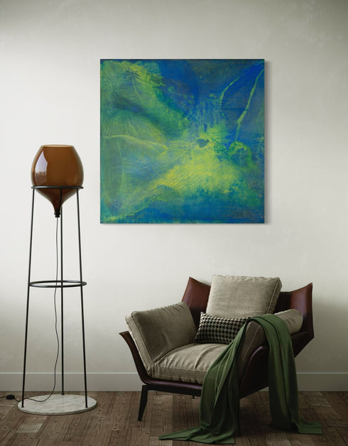 Painting with blue-green hues and bright yellow accents, inspired by the 1970s Big Wheel, evoking childhood joy and adventure.