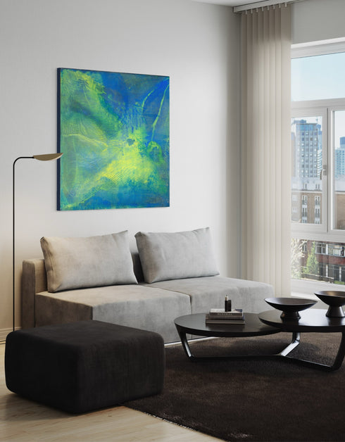 Painting with blue-green hues and bright yellow accents, inspired by the 1970s Big Wheel, evoking childhood joy and adventure.