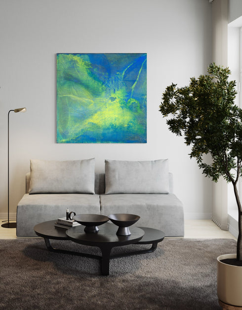 Painting with blue-green hues and bright yellow accents, inspired by the 1970s Big Wheel, evoking childhood joy and adventure.