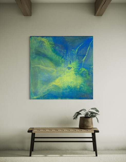 Painting with blue-green hues and bright yellow accents, inspired by the 1970s Big Wheel, evoking childhood joy and adventure.