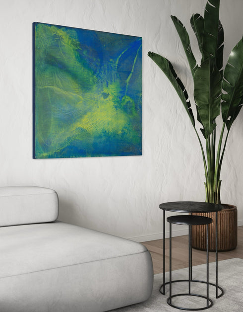 Painting with blue-green hues and bright yellow accents, inspired by the 1970s Big Wheel, evoking childhood joy and adventure.