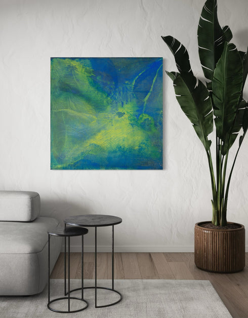 Painting with blue-green hues and bright yellow accents, inspired by the 1970s Big Wheel, evoking childhood joy and adventure.