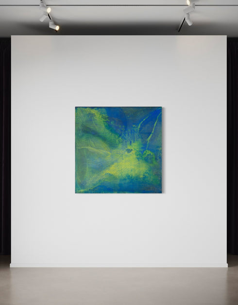 Painting with blue-green hues and bright yellow accents, inspired by the 1970s Big Wheel, evoking childhood joy and adventure.