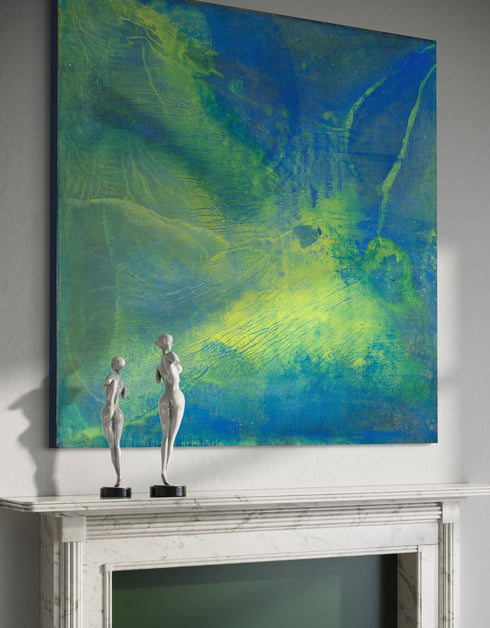 Painting with blue-green hues and bright yellow accents, inspired by the 1970s Big Wheel, evoking childhood joy and adventure.