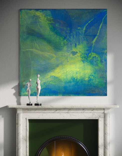 Painting with blue-green hues and bright yellow accents, inspired by the 1970s Big Wheel, evoking childhood joy and adventure.