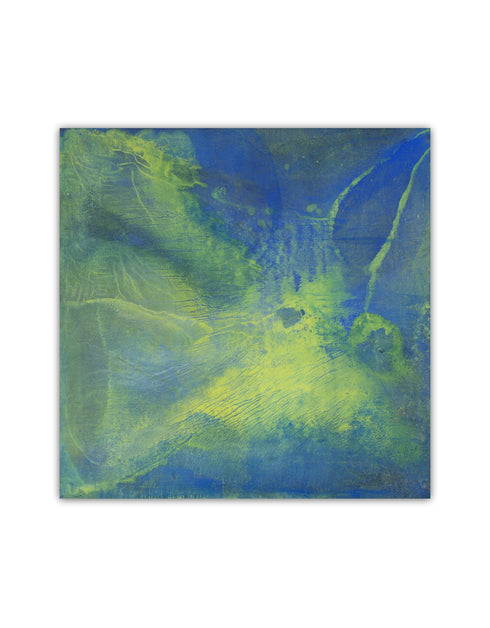 Painting with blue-green hues and bright yellow accents, inspired by the 1970s Big Wheel, evoking childhood joy and adventure.