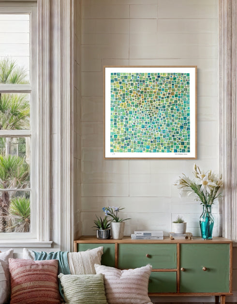 Green Squares is a Limited Edition Print by Seth B. Minkin, with a contemporary grid of varied green squares, showcasing a modern and sophisticated design.