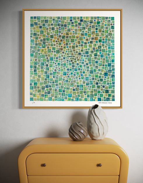 Green Squares is a Limited Edition Print by Seth B. Minkin, with a contemporary grid of varied green squares, showcasing a modern and sophisticated design.